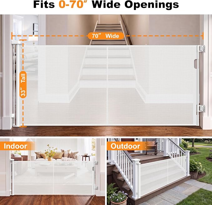 Reinforced Retractable Baby Gates 70” Wide Retractable Gate | with Support Rods to Prevent Bottom Escape, 33” Tall Mesh Dog Gate for Stairs, Doorways, Hallways, Decks, Indoor/Outdoor