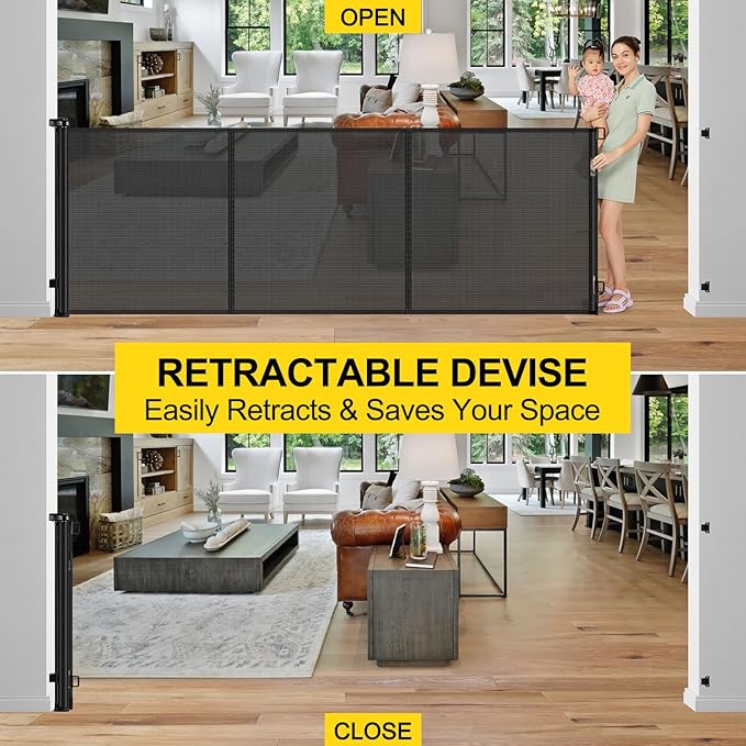 Reinforced 42??Tall x 160??Extra Wide Retractable Baby Gates with Support Rods, Outdoor Pet Gate for Wide Openings, Tall Baby Gates for Dogs Extra Long Dog Gate Large Outdoor Gates for Decks, Black