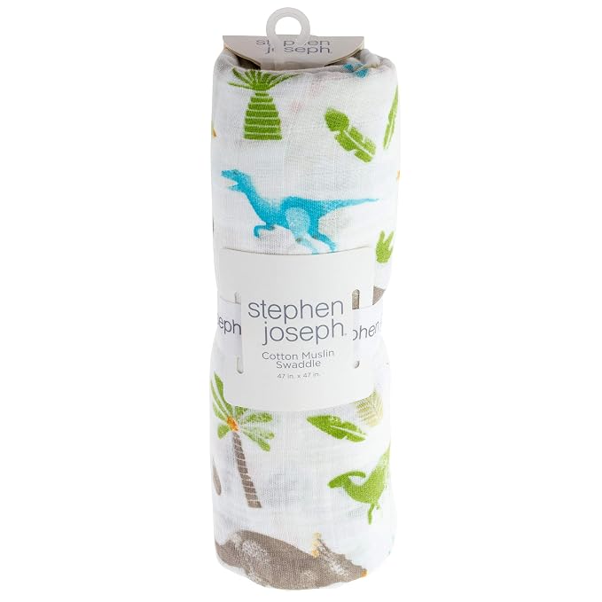 Stephen Joseph, Muslin Swaddle Blanket for Baby Girls and Boys, Newborn Receiving Blanket for Swaddling, 100% Cotton Baby Swaddle Wrap, Receiving Swaddle Wrap, 47 x 47 inches, Dino