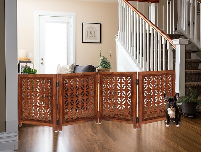 Croft&Cane Wooden Foldable Pet Dog Gate – Hand Carved 4-Panel Freestanding Dog Fence - 80W x 24H - Solid Wood & MDF Indoor Safety Barrier - Doorway Hallway & Stairs Portable Puppy Gate - Warm Walnut