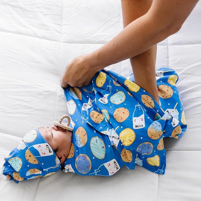 Little Sleepies Swaddle & Hat Set, Baby Swaddles Newborns, Soft Viscose from Bamboo Swaddle Blanket Wrap (Blue Cookies & Milk)