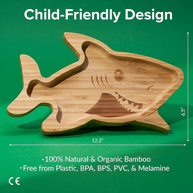 Bamboo Suction Plates for Baby - Strong Suction Plates for Toddlers - Non-toxic All Natural Eco Friendly Materials - Shark