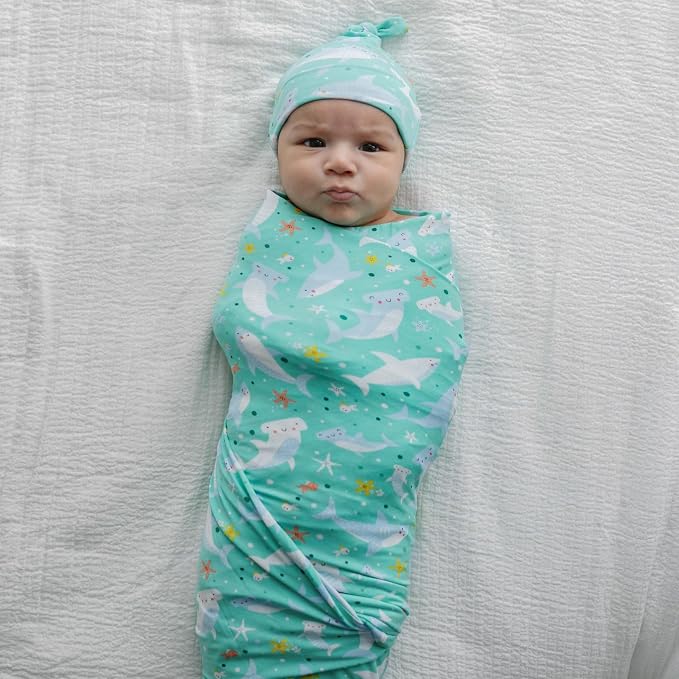 Little Sleepies Swaddle & Hat Set, Baby Swaddles Newborns, Soft Viscose from Bamboo Swaddle Blanket Wrap (Shark Soiree)