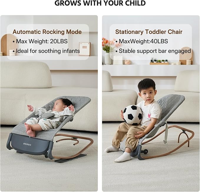 VaVaSoo 2-in-1 Auto Baby Rocker & Toddler Chair (up to 40 lbs), Dual Powered (Type-C or Battery), Motion Sensing Electric Rocking Adjustable Support Bar for Stationary Seat, Music & Timer
