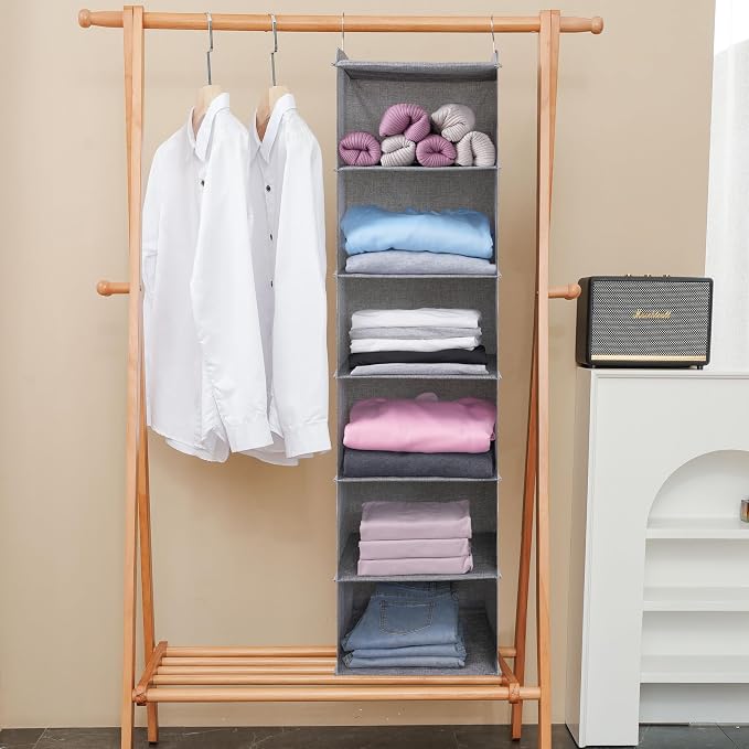 Large Hanging Sweater Organizer for Closet,Collapsible 6-Shelf Hanging Closet Shelves with Drawers, Washable (Grey-6 Shelf)