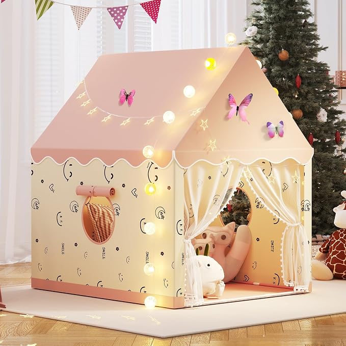 Kids Play Tent, Princess Tent Indoor Playhouse Set with Star Lights, Ball Lights, Colorful Flags, Butterflies - Pink Tents for Kids Toddle Castle for Girls Toy House Gift