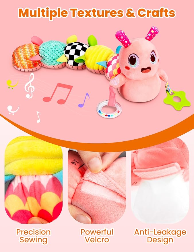 Musical Caterpillar Baby Sensory Toy for Infant Development 0-12 Months – Newborn Bath, Car Seat, Stroller & Bassinet Activity Toy & Gift – Tummy Time Crawler & Teether(Pink)