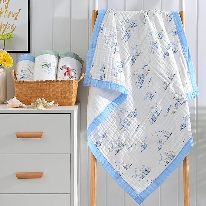 Jay & Ava Baby Muslin Blankets 42' x 42', Soft Cotton Blanket for Toddler Boy, 4 Layers Bed Muslin Throw for Crib, Large Receiving Blanket - Blue Polar Bear