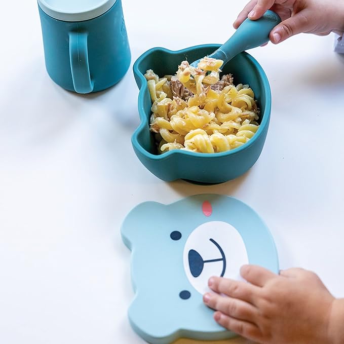TUM TUM Suction Bowl for Baby, Toddler Bowl with Lid & Spoon, for Babies & Toddlers 6 Months+, BPA Free Silicone Baby Feeding Set, Microwave/Dishwasher/Freezer Safe, Boris Bear, Blue