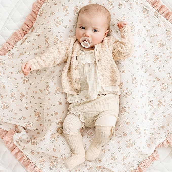 Konssy Flounce Muslin Baby Blanket for Girls Boys, 100% Cotton Soft Crib Swaddle Blankets, Reversible & Breathable Nursery Bedding for Newborns Toddlers, 40 x 36 Inches (Blossom)
