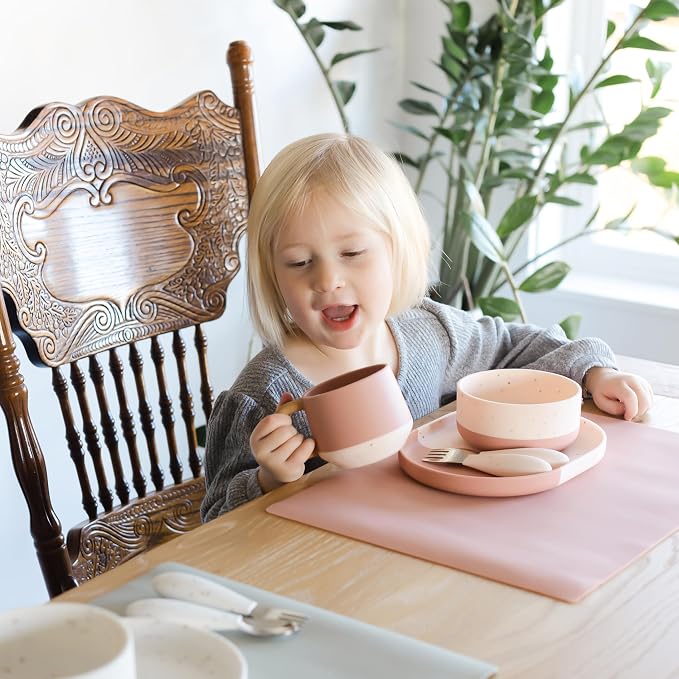 Yeah Baby Goods Silicone Kids Bowl - Food Grade, Duo-Toned Modern Terrazzo Bowl for Baby - Sturdy, Dishwasher & Microwave Safe Bowls - Non Suction Bowls for Kids of All Ages (Terracotta/Blush Speckle)