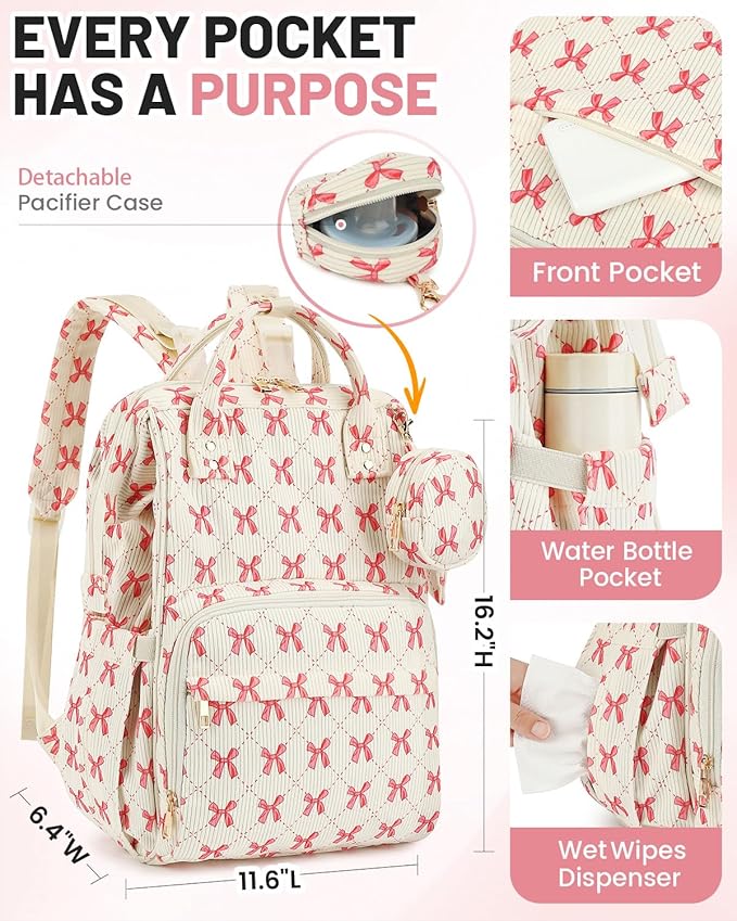 Corduroy Diaper Bag Backpack, Large Capacity Multifunction Baby Diaper Bags for Women, Insulated Bottle Pockets & Pacifier Case, Stylish Travel Nappy Changing Bags for Mom Dad (Bow Pink)