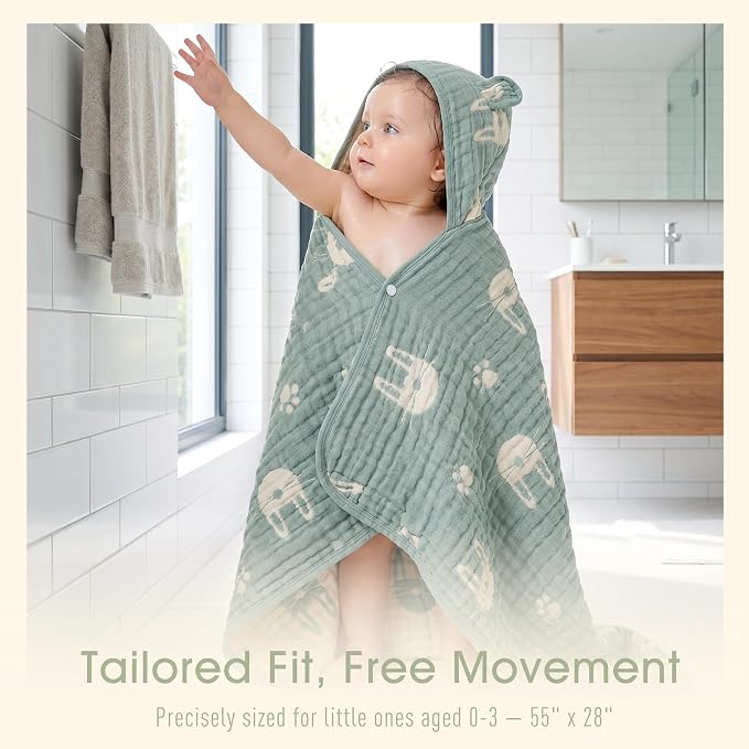 Ultra-Soft Muslin Hooded Towel - 55 x 28 Inches, Made with Organic Cotton, Soft Sage Green Bunny Jacquard with Chest Snap, Ideal for Bath & Beach, for Kids Aged 0-3