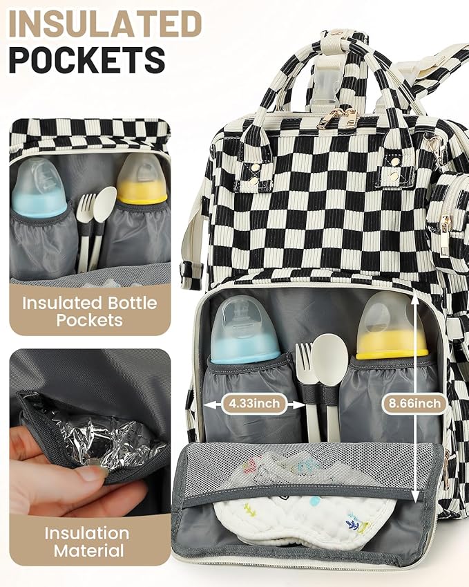 Corduroy Diaper Bag Backpack, Large Capacity Multifunction Baby Diaper Bags for Women, Insulated Bottle Pockets & Pacifier Case, Stylish Travel Nappy Changing Bags for Mom Dad (Checkered Black)