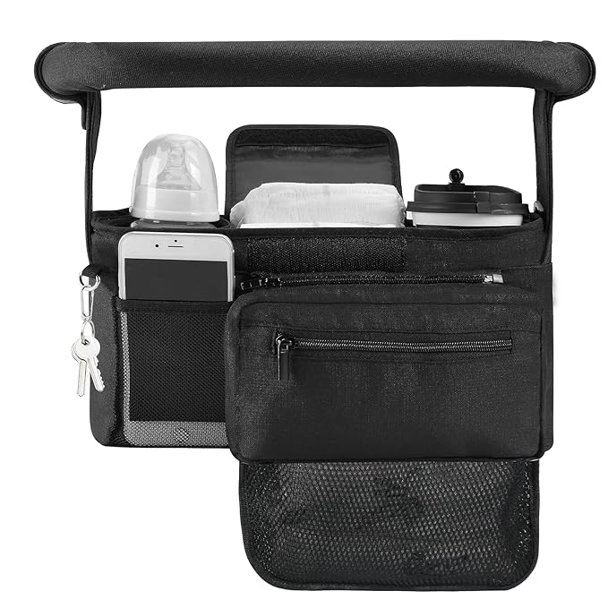 Momcozy NON-SLIP Universal Stroller Organizer | Insulated Cup Holder | Detachable Phone Bag & Shoulder Strap | Fits Uppababy, Baby Jogger, Britax, BOB, Umbrella and Pet Stroller