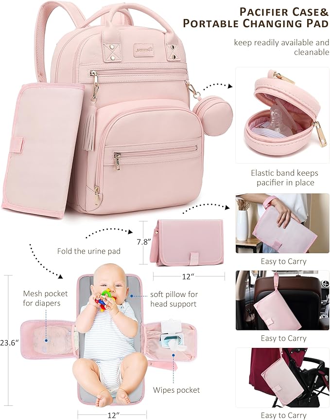 ROSEGIN Premium Vegan Leather Diaper Bag Backpack with Waterproof Changing Pad, Reinforced Zippers & Odor-Free, 20 Pockets Pro Organizer, Fits 15.6" Laptop, Stroller Straps, Baby Bag for Mom, Pink