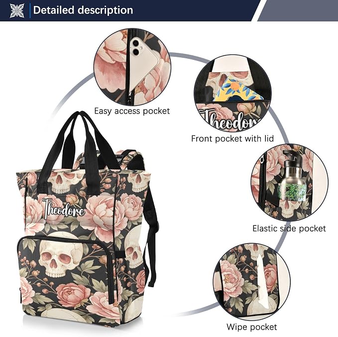 Custom Name Skull Pink Peonies Diaper Bag Insul Bottles Unisex Mom Dad