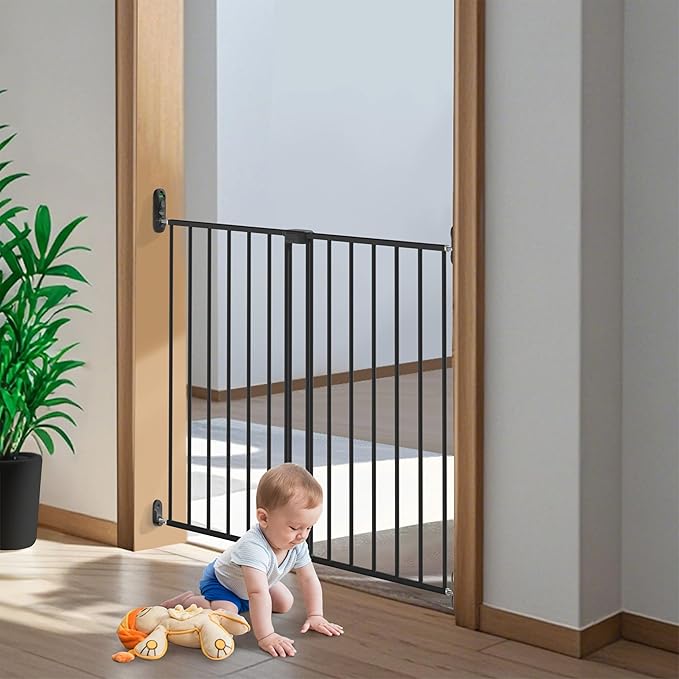 Adjustable Baby Safety Swing Gate, Hardware-Mounted Metal Gate for Stairs and Doorways, Secure Latch for Kids and Pets (Black, 24"-40.5" W x 28.75" H)