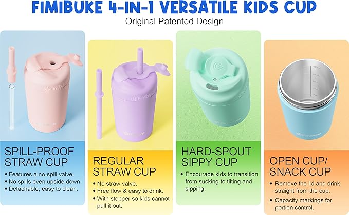 Fimibuke Kids & Toddler Cups, 10 OZ Spill Proof Straw Cups for Toddlers, Leak-Proof Kids Insulated Tumblers with Screw-On Lid & Silicone Straws with Stopper, Stainless Steel Sippy Cup for Girls Boys