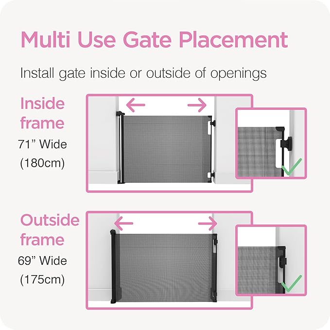 Retractable Baby Gate Perma Child Safety 41" Tall x 71??Wide, Mesh, for Stairs, Doorways, Dogs, Pets, Indoor, Outdoor, One-Handed Operation, Locking, Easy Install, Hardware Mount, Gray