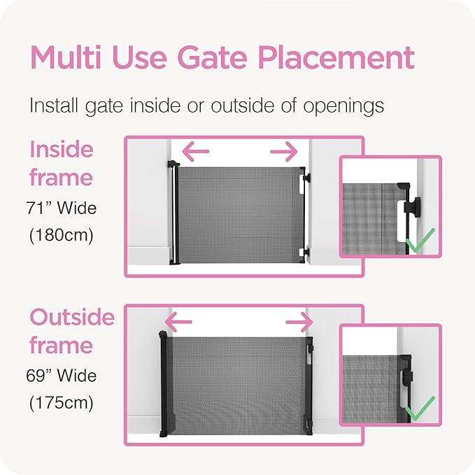 Retractable Baby Gate Perma Child Safety 41" Tall x 71??Wide, Mesh, for Stairs, Doorways, Dogs, Pets, Indoor, Outdoor, One-Handed Operation, Locking, Easy Install, Hardware Mount, Black