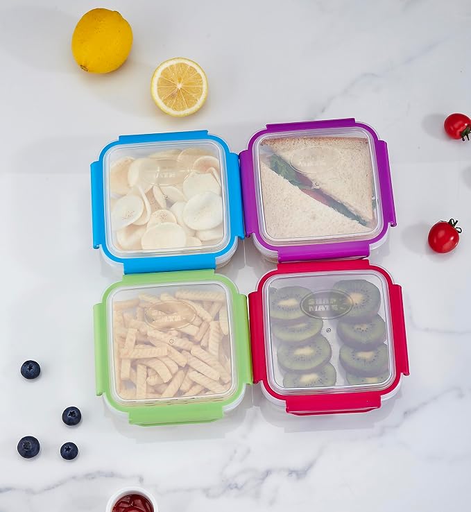 Snap Fresh - 4 Pack of Fun Size Leakproof Sandwich Containers - Reusable, BPA Free Sandwich Boxes. Airtight Seal. Also Great for Salads, Snacks, Fruit, Treats and Food Storage