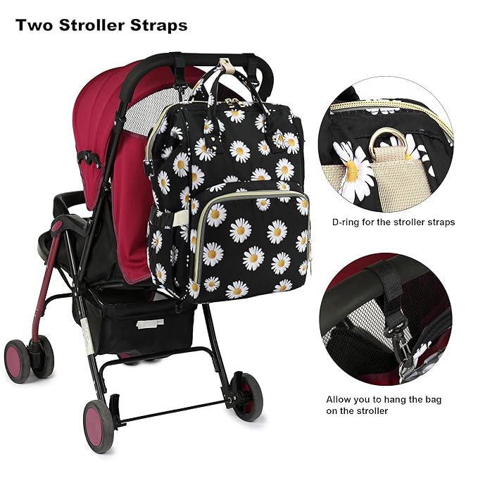 Floral Diaper Bag Backpack for Baby Girls Boys, Flowers Mom Nappy Bags for Women (Daisy Black)