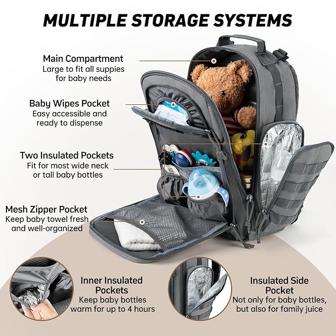 SHARKMOUTH Diaper Bag with Changing Pad - Large Military Baby Diaper Backpack for Hiking Travel Camping - Army Style for Men Active Dad Gray