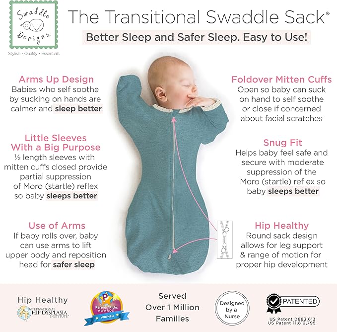 SwaddleDesigns Transitional Swaddle Sack, Arms Up Half-Length Sleeve Mitten Cuff, Most Gradual Transition Swaddle for Newborn