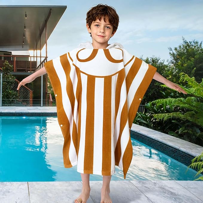 VOOVA & MOVAS Hooded Poncho Towel for Kids (4-8 Years,30"X30") | Soft Absorbent Cotton Towel Robe for Boys & Girls | Versatile Beach, Pool, Swim & Bath Cover-Up | Brown Stripe