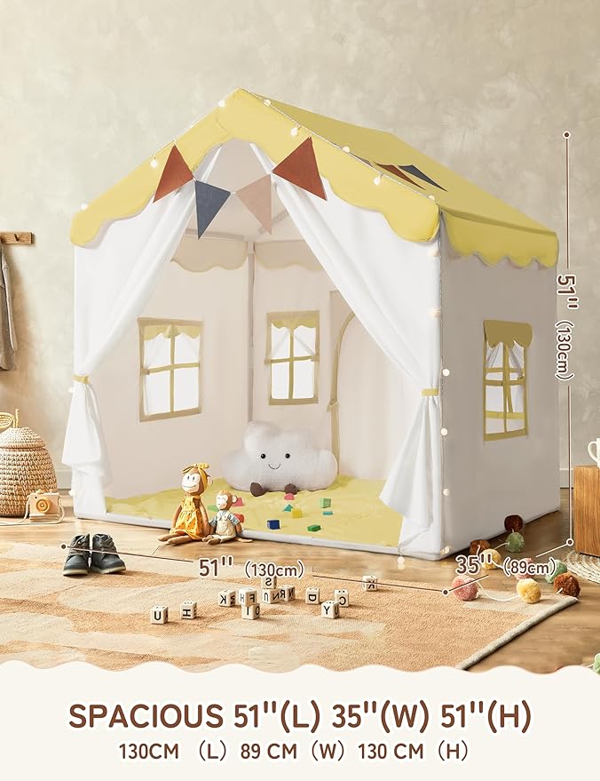 Besrey Kids Play Tent 2 in 1 with Padded Mat and Lights, Large Kids Playhouse with 2 Doors & 4 Windows, Indoor & Outdoor, Christmas Toddler Tent, 51" x35" x 51" (Yellow)