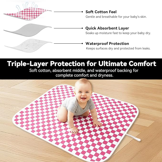 Baby Diaper Changing Mat, Waterproof, Absorbent, Soft Cotton Surface with EVA Backing, 30x24in Unfolded, Compact 8x2in with Storage Strap, Wipeable Diaper Changing Pad for Travel, Baby Gift