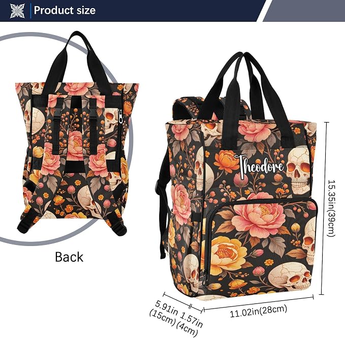 Custom Name Skull Orange Marigolds Diaper Bag Stroller Straps Gift Mom Dad