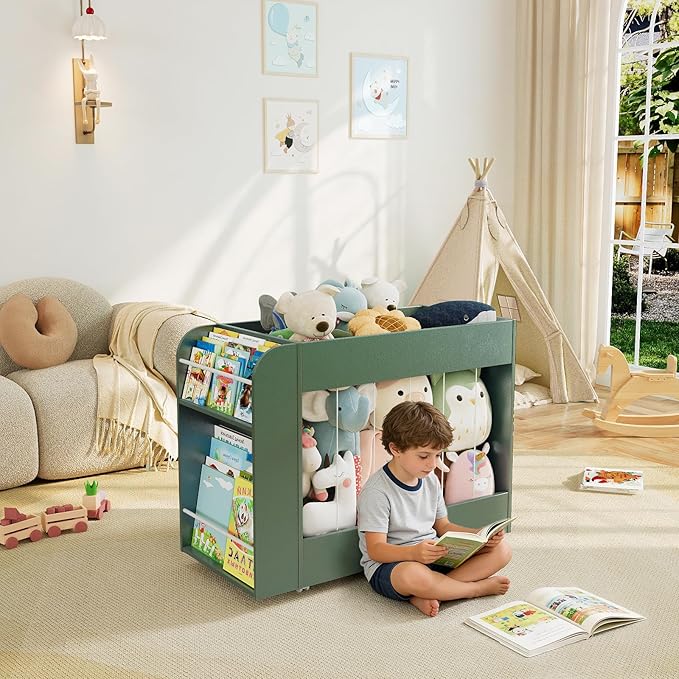 Wooden Kids Bookshelf, Toy Storage Organizer with Drawing Chalkboard and Stuffed Animal Organizer, Kids Toy Box with 4 Wheels for Kids Room, Playroom, Nursery, Classroom, Green