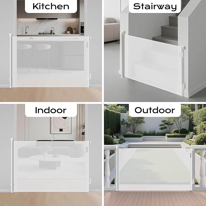 Retractable Baby Gate for Stairs, 55" Wide 38" High Pet Gate with Auto-Retract System, One-Hand Operation, Mesh Baby Gate for Doorways, Hallways, Decks, Indoor & Outdoor, White