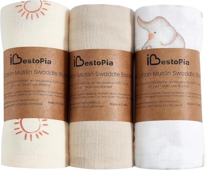 3-Pack Muslin Swaddle Blankets 47x47-100% Cotton Breathable Receiving Blankets for Newborn Baby, Soft Swaddling Wraps, Sunny Elephant Parade