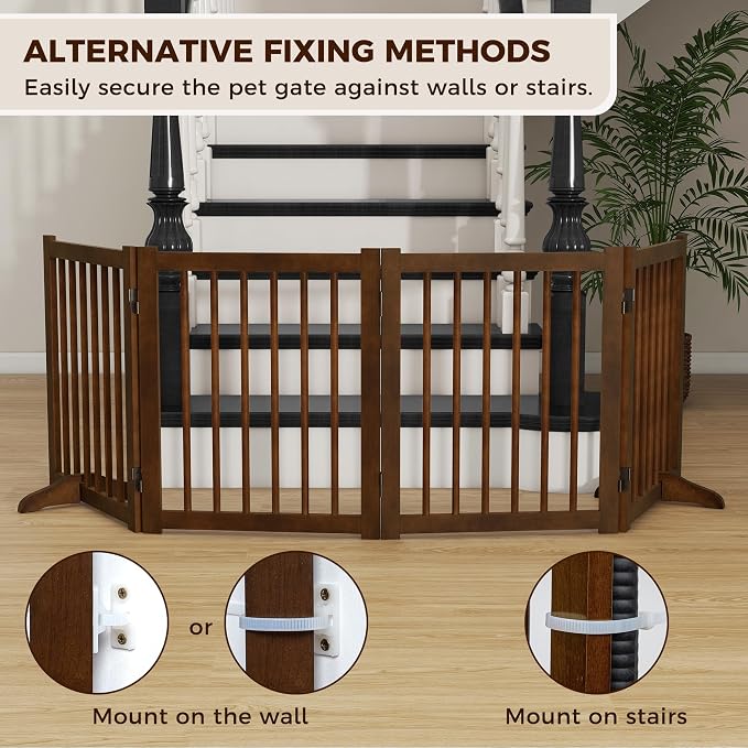 Solid Wood Freestanding Pet Gate - 4 Panels 24" - Folding Safety Fence with 2 Support Feet - Ideal for Stairs, Doorways, Halls, Kitchens - Indoor Wooden Dog Gate - Walnut Color