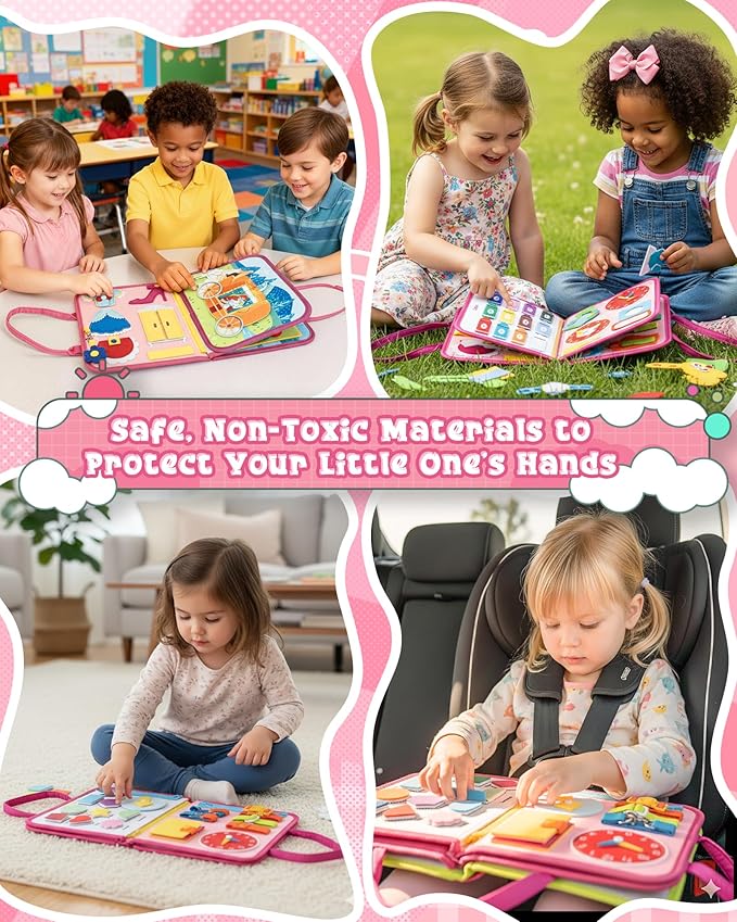 Pink Montessori Busy Board for Toddlers,8-Page Sensory Activity Book for Fine Motor Skills & Basic Dress Learning, Portable Travel Toy for Preschool Kids, Portable Travel Gift for Preschool Girls