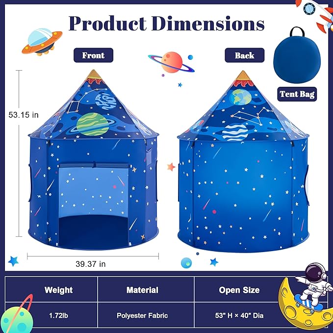 Hallo Deer Rocket Ship Kids Play Tent with Star, Foldable Pop Up Tent Kids, Castle Kid Tent Indoor Outdoor Fun & Imagination, Toddler Tents Indoor Gifts for Baby Boys Girls