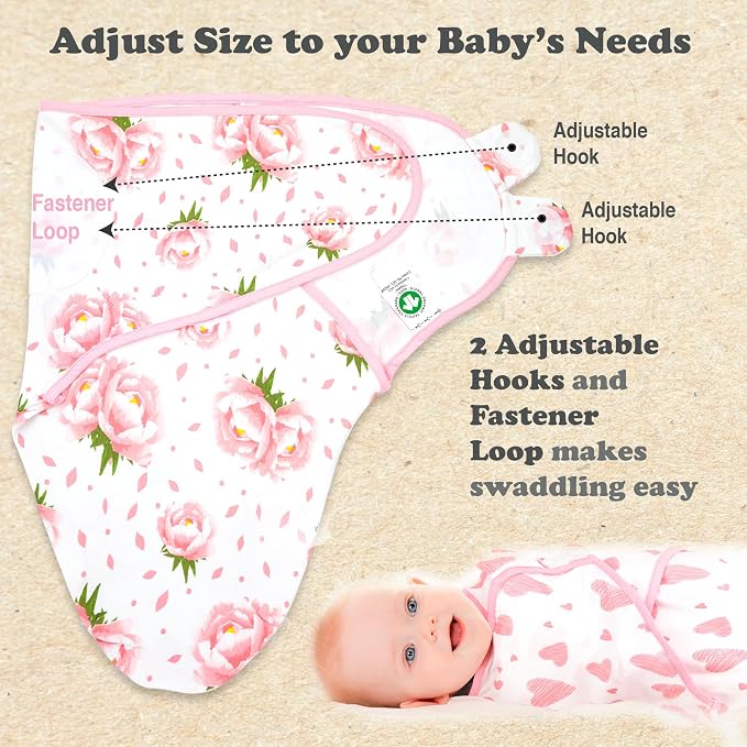Swaddles for Newborns – 3-Pack Infant Swaddles 3-6 Months – Adjustable Swaddle Sleep Sack – Soft Organic Cotton Baby Wrap for Safe & Cozy Sleep (Hearts-Flowers)