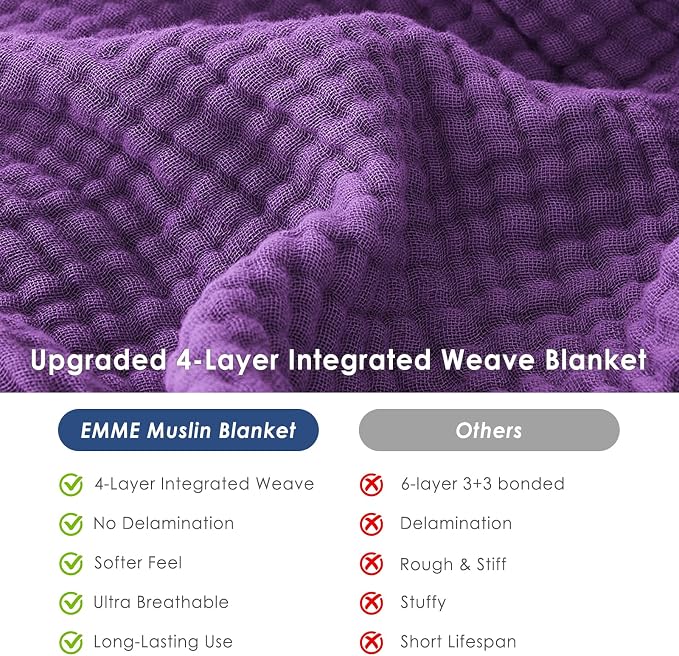 EMME Cotton Muslin Large Throw Blanket Couch 4-Layer Breathable Gauze Blanket Soft Lightweight Bed Blankets Adults (Purple, 50"x71")