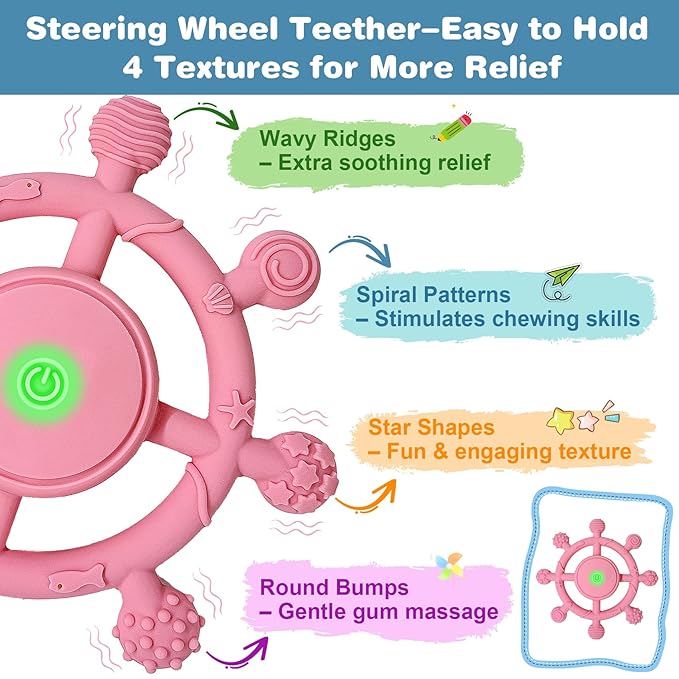 YOFUN 3-Speed Vibrating Baby Teether ??Soothing Silicone Teething Toy for Infants 3M+, Food-Grade, USB Rechargeable ??Soft & Safe Gum Relief for Babies (Pink)