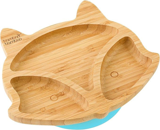 bamboo bamboo Baby and Toddler Plate for Feeding and Weaning, Bamboo Fox Plate with Secure Suction Cup for Babies from 6 Months (Fox, Blue)