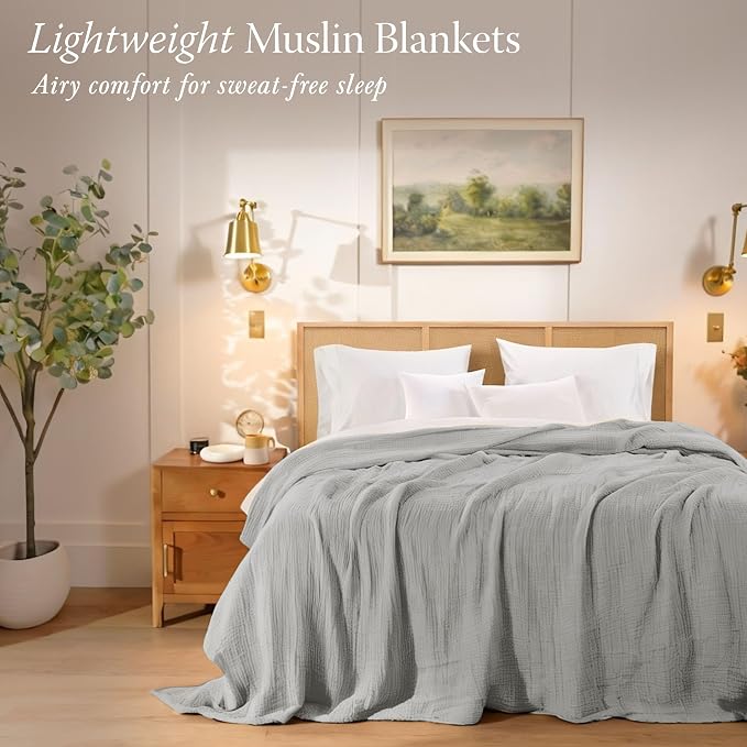 Threadmill King Size Muslin Blanket | 4 Layer Gauze Bed Blanket for All Seasons | Soft, Breathable, and Cozy Picnic Blanket| Pre Washed, Lighweight Blanket Fits Cal King Size Bed | Light Grey