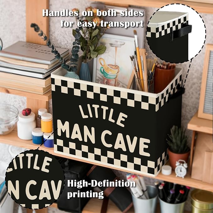 Little Man Cave Boys Storage Bins Box with Handles, Black White Checkered Collapsible Basket Organizer for Kids Boys Playroom Nursery Room Bedroom Bathroom Toys Books Clothes