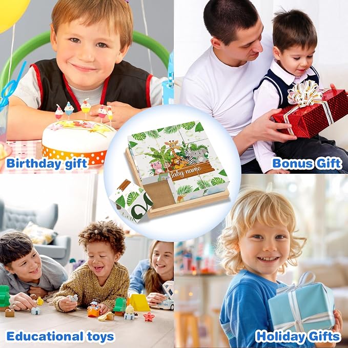 Custom Name Wooden Cube Puzzles for Kindergarten Boys Girls, 9 PCS Animals Puzzle with Storage Tray for 2-4 Years, Personalized 6 Puzzles in 1 Toy for Preschool Kids