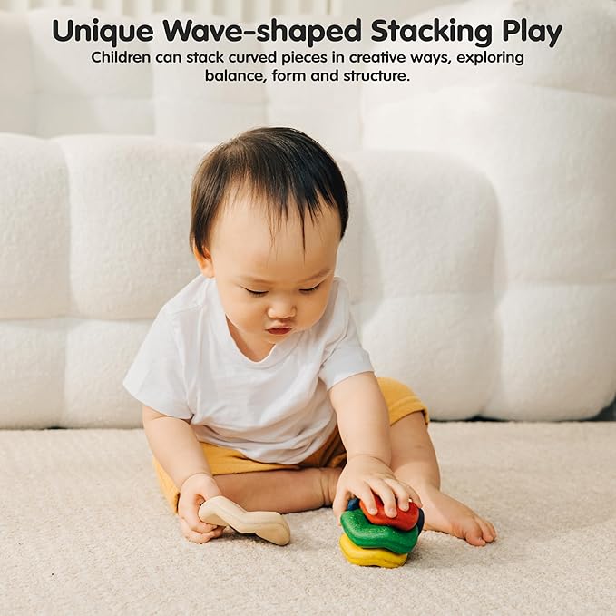 PlanToys® Wooden Wave Stacker | Montessori Stacking Toy for Imaginative Play, Fine Motor Skills and Coordination | Eco Friendly Baby Toy for Sensory and Problem Solving Development