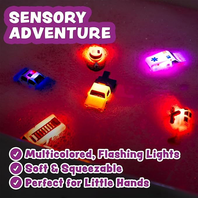 Tub Works® Emergency™ Cars Light Up Bath Toys, 6 Pack | Water-Activated Light Up Toys Flash & Change Color | Soft, Squeezable Baby & Toddler Bath Toys | Sensory Toys with Bath Lights for Kids Bath