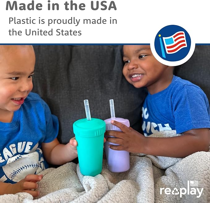 Re-Play 10 oz. Straw Cups for Kids with Silicone Locking Straws - Dishwasher & Microwave Safe - Made in USA - Set of 4-7.37" x 7.37" x 1.25" - Desert Roses