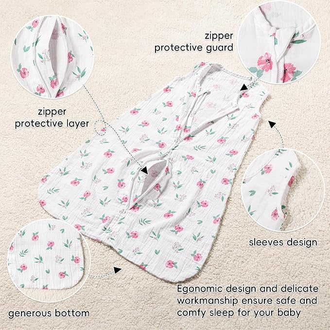 david's kids Muslin Cotton Baby Sleep Sack 18-24 Months, 2 Pack 100% Cotton Sleeping Bag for Summer, TOG 0.5 Baby Wearable Blankets with 2-Way Zipper, Soft Sleep Sacks for Newborn Infant, Floral